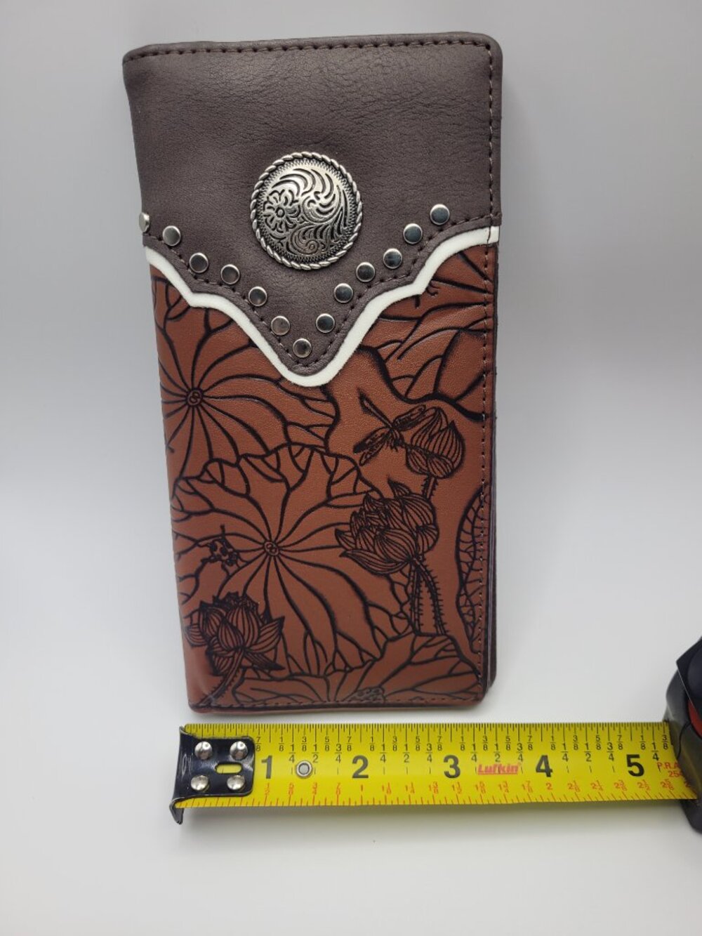 Bifold Wallet Embossed Western Style Vegan Leather Brown W/Medallion & Studs - Picture 6 of 6